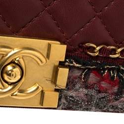 Pre Owned حقيبة شانيل جاكيت بوي جلد مبطن عنابي وحواف تويد متوسطة بقلاب 