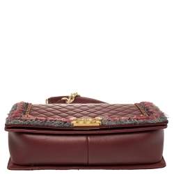 Pre Owned حقيبة شانيل جاكيت بوي جلد مبطن عنابي وحواف تويد متوسطة بقلاب 