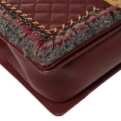 Pre Owned حقيبة شانيل جاكيت بوي جلد مبطن عنابي وحواف تويد متوسطة بقلاب 