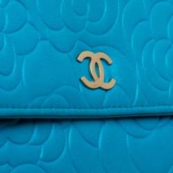 Chanel Turquoise Camellia Embossed Leather Wallet