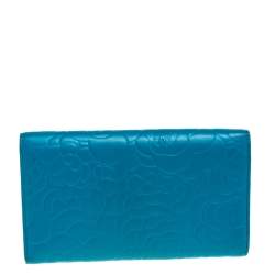 Chanel Turquoise Camellia Embossed Leather Wallet