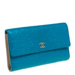 Chanel Turquoise Camellia Embossed Leather Wallet