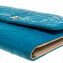 Chanel Turquoise Camellia Embossed Leather Wallet