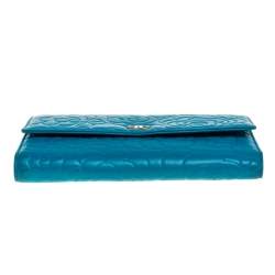 Chanel Turquoise Camellia Embossed Leather Wallet