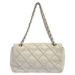 Pre Owned Chanel White Quilted Leather East West Single Flap Bag