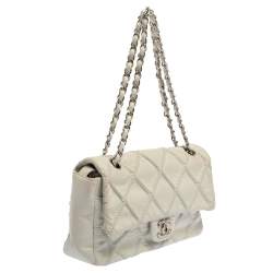 Pre Owned Chanel White Quilted Leather East West Single Flap Bag