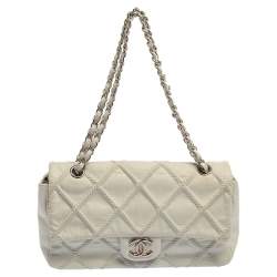 Pre Owned Chanel White Quilted Leather East West Single Flap Bag