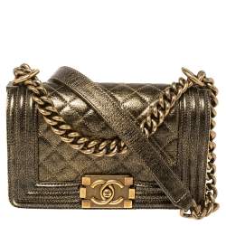مملوكة مسبقًا Chanel Gold Quilted Crackled Leather Small Boy Flap Bag