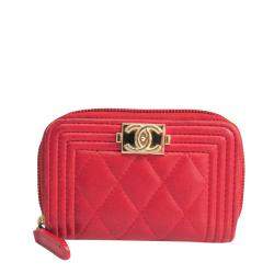 Pre Owned Chanel Red Leather Boy Small Wallet