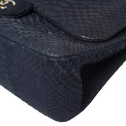 Pre Owned Chanel Navy Blue Python Jumbo Classic Double Flap Bag