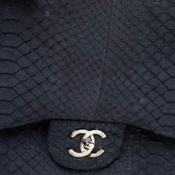 Pre Owned Chanel Navy Blue Python Jumbo Classic Double Flap Bag