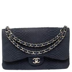 Chanel Navy Blue Python Jumbo Classic Double Flap Bag Chanel