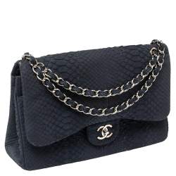 Pre Owned Chanel Navy Blue Python Jumbo Classic Double Flap Bag
