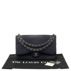 Pre Owned Chanel Navy Blue Python Jumbo Classic Double Flap Bag