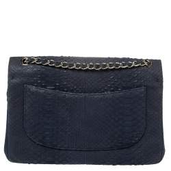 Pre Owned Chanel Navy Blue Python Jumbo Classic Double Flap Bag