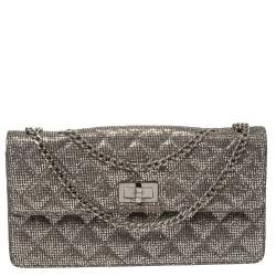 Pre Owned Chanel Silver Quilted Glitter Leather Reissue Flap Bag