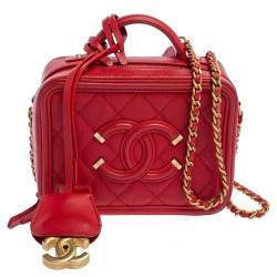 Chanel Red Quilted Caviar Leather Small CC Filigree Vanity Case