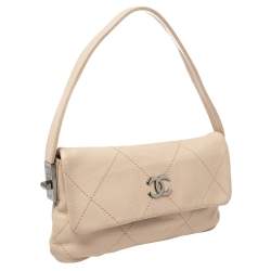 Pre Owned Chanel Light Beige Leather Wild Stitch Flap Bag