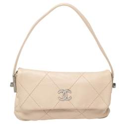 Pre Owned Chanel Light Beige Leather Wild Stitch Flap Bag