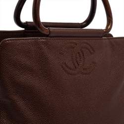Pre Owned Chanel Brown Caviar Leather Vintage Wooden Handle Tote