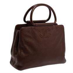 Pre Owned Chanel Brown Caviar Leather Vintage Wooden Handle Tote
