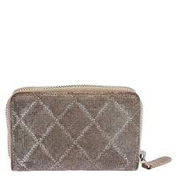 Pre Owned Chanel Metallic Beige Quilted Leather Zip Around Coin Purse