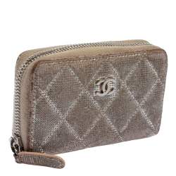 Pre Owned Chanel Metallic Beige Quilted Leather Zip Around Coin Purse