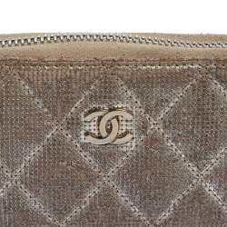 Pre Owned Chanel Metallic Beige Quilted Leather Zip Around Coin Purse