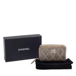 Pre Owned Chanel Metallic Beige Quilted Leather Zip Around Coin Purse