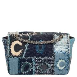 Pre Owned Chanel Blue Fabric/Canvas and Leather Patchwork Jumbo Classic Flap Bag