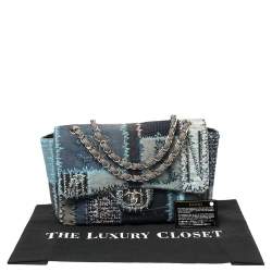Pre Owned Chanel Blue Fabric/Canvas and Leather Patchwork Jumbo Classic Flap Bag
