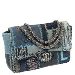Pre Owned Chanel Blue Fabric/Canvas and Leather Patchwork Jumbo Classic Flap Bag