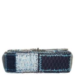 Pre Owned Chanel Blue Fabric/Canvas and Leather Patchwork Jumbo Classic Flap Bag