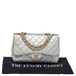 Pre Owned Chanel Silver Quilted Leather Jumbo Classic Single Flap Bag