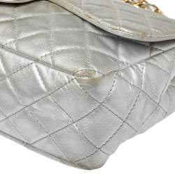 Pre Owned Chanel Silver Quilted Leather Jumbo Classic Single Flap Bag