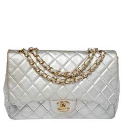 Chanel Classic Double Flap Jumbo Metallic Silver For Sale at