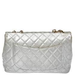 Pre Owned Chanel Silver Quilted Leather Jumbo Classic Single Flap Bag