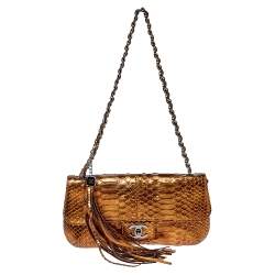 Pre Owned Chanel Metallic Bronze Python Tassel Flap Bag