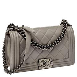 Pre Owned Chanel Grey Quilted Leather Medium Boy Flap Bag