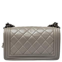 Pre Owned Chanel Grey Quilted Leather Medium Boy Flap Bag