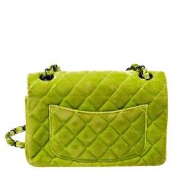 Pre Owned Chanel Green Quilted Velvet New Mini Classic Flap Bag