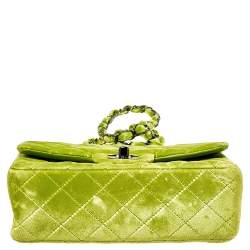 Pre Owned Chanel Green Quilted Velvet New Mini Classic Flap Bag