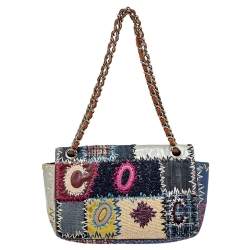 Pre Owned Chanel Multicolor Patchwork Leather and Fabric Medium Flap Bag