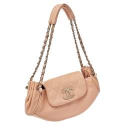 Pre Owned Chanel Peach Leather Accordion Flap Hobo