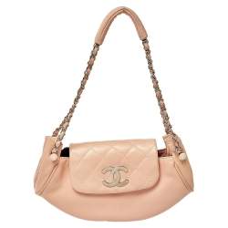 Pre Owned Chanel Peach Leather Accordion Flap Hobo