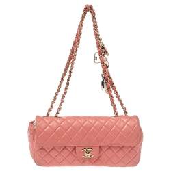 Pre Owned Chanel Pink Quilted Leather East West Valentine Charms Flap Bag