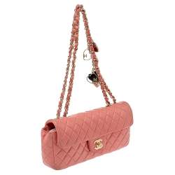 Pre Owned Chanel Pink Quilted Leather East West Valentine Charms Flap Bag