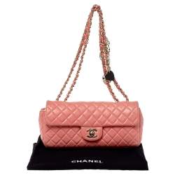 Pre Owned Chanel Pink Quilted Leather East West Valentine Charms Flap Bag