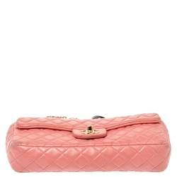 Pre Owned Chanel Pink Quilted Leather East West Valentine Charms Flap Bag