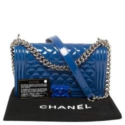 Pre Owned Chanel Blue Quilted Patent Leather Medium Plexiglass Boy Flap Bag